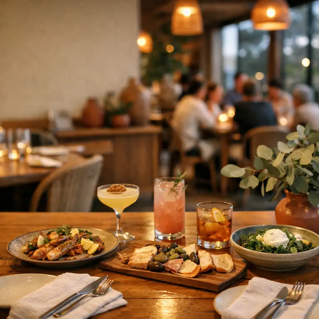 Warmly set shared dining table with plates, cocktails and greenery in a relaxed restaurant setting.