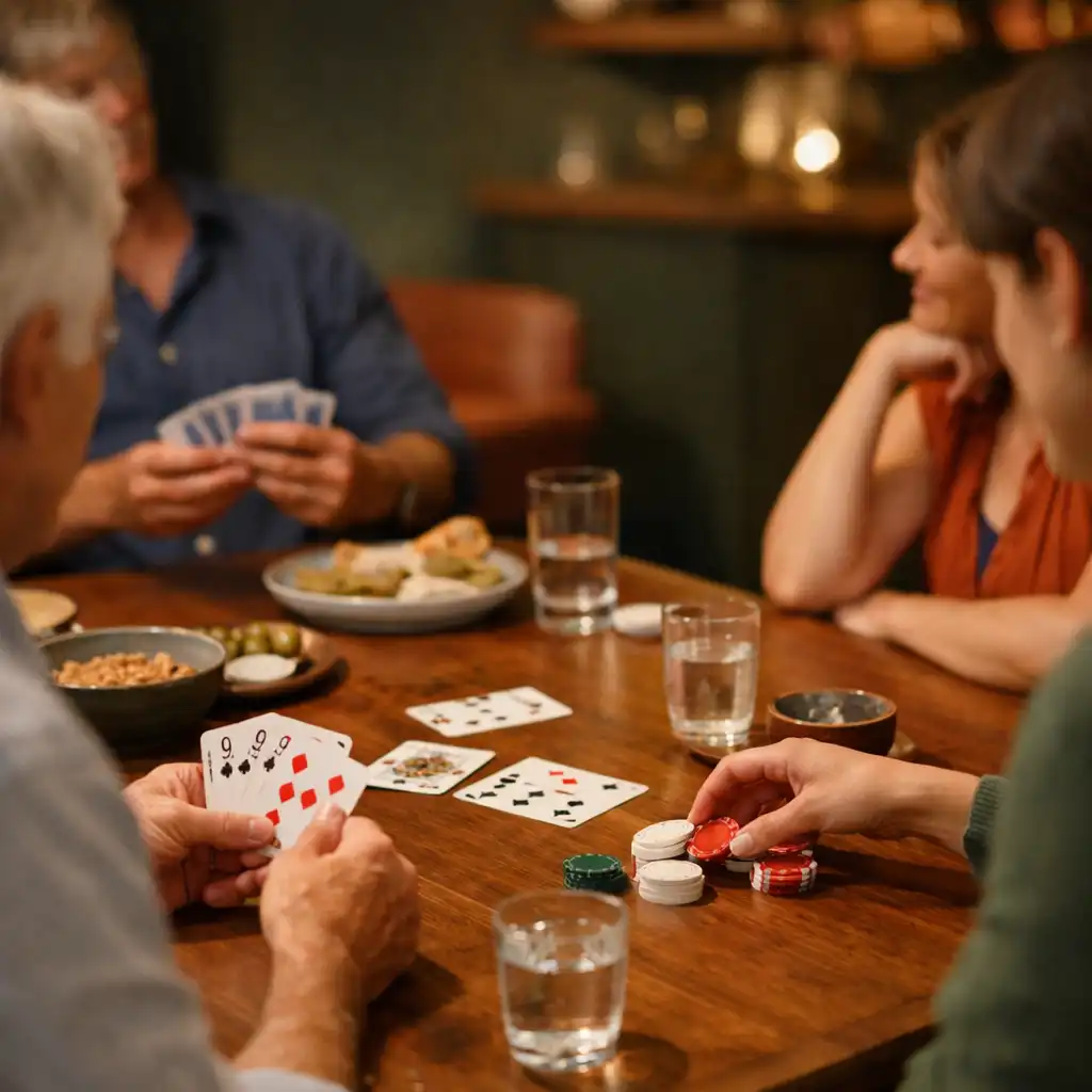 Friends gathered around a timber table with playing cards, chips, shared plates and water glasses.