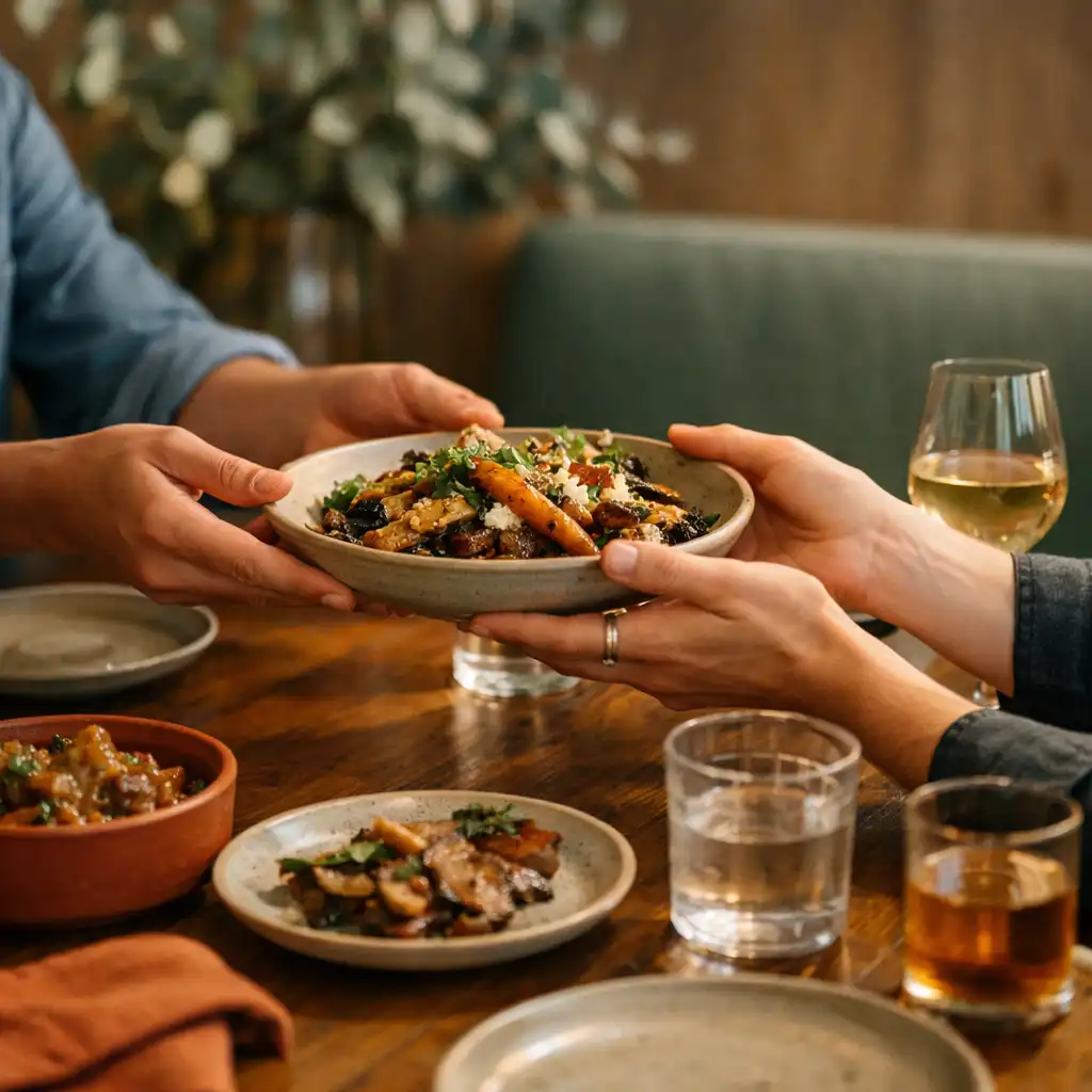Hands passing a shared dish across a timber table with small plates and glassware.