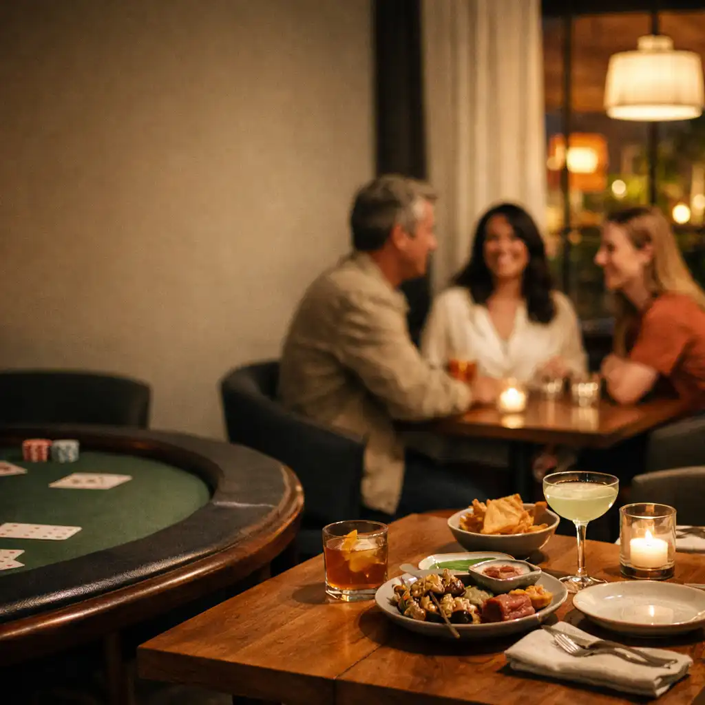 Guests gathered around timber and felt tables in Theem Bergrovee’s warm card lounge.