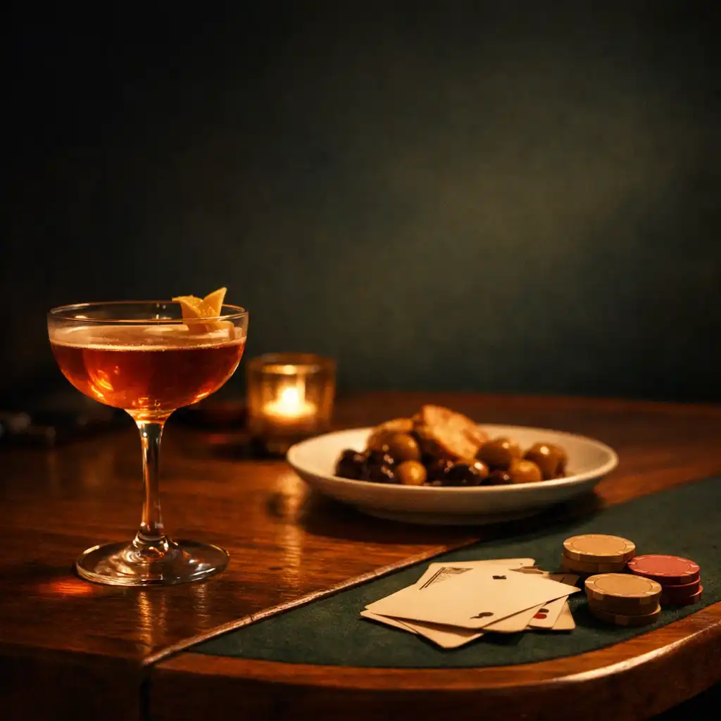 A cocktail and shared plate on a warmly lit timber and felt table, with cards and chips at the edge.