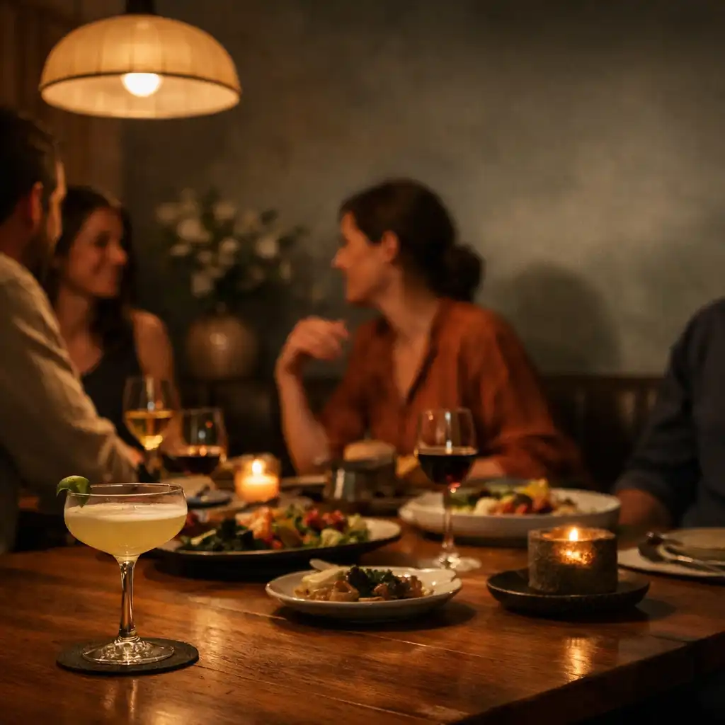 Friends in natural conversation around a softly lit evening dining table