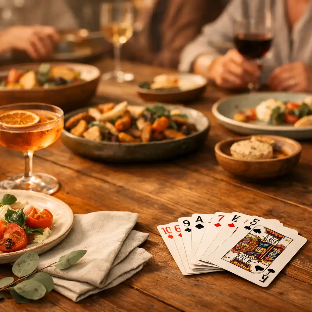Seasonal shared plates, a cocktail and cards resting on a timber table