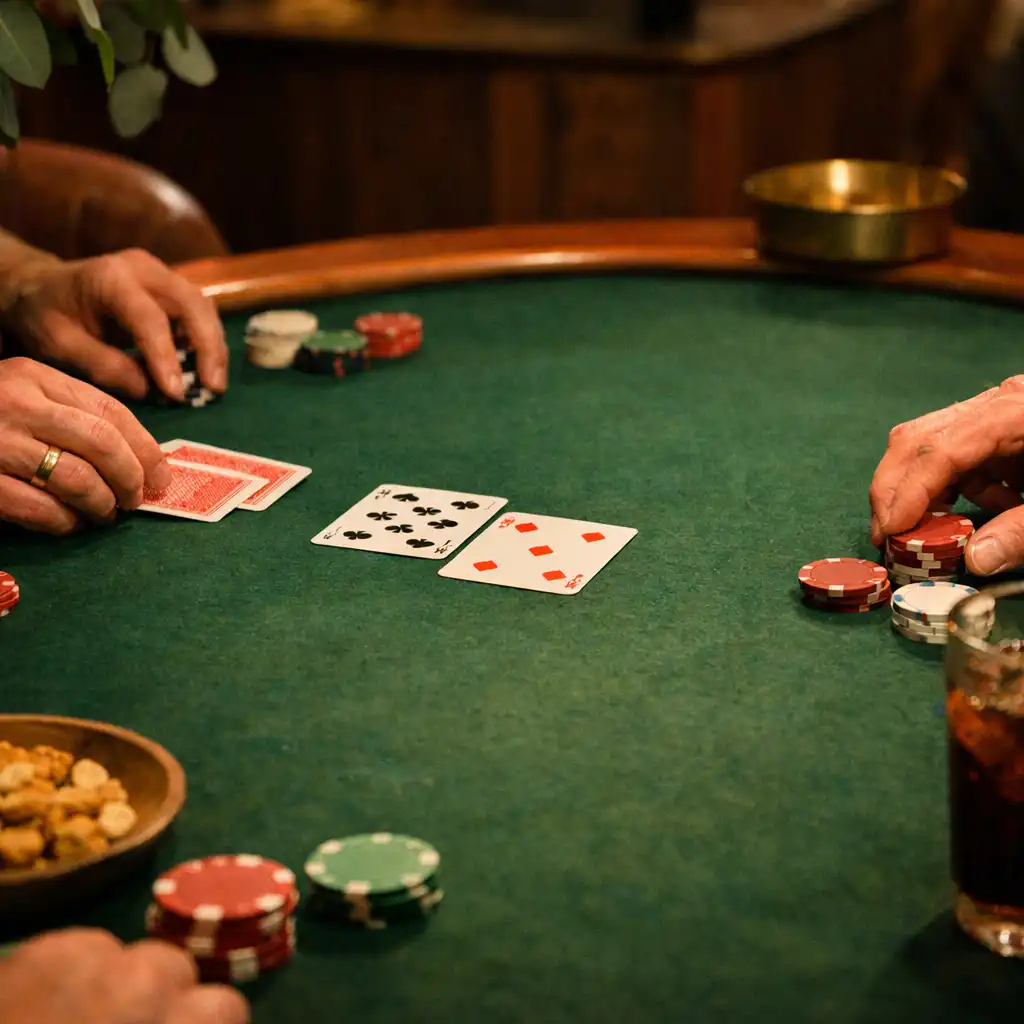 Hands arranging cards and chips on a real felt poker table