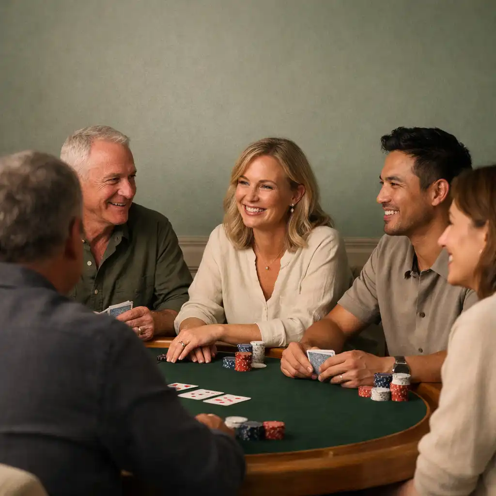 A small group talking around a timber poker table in a card lounge