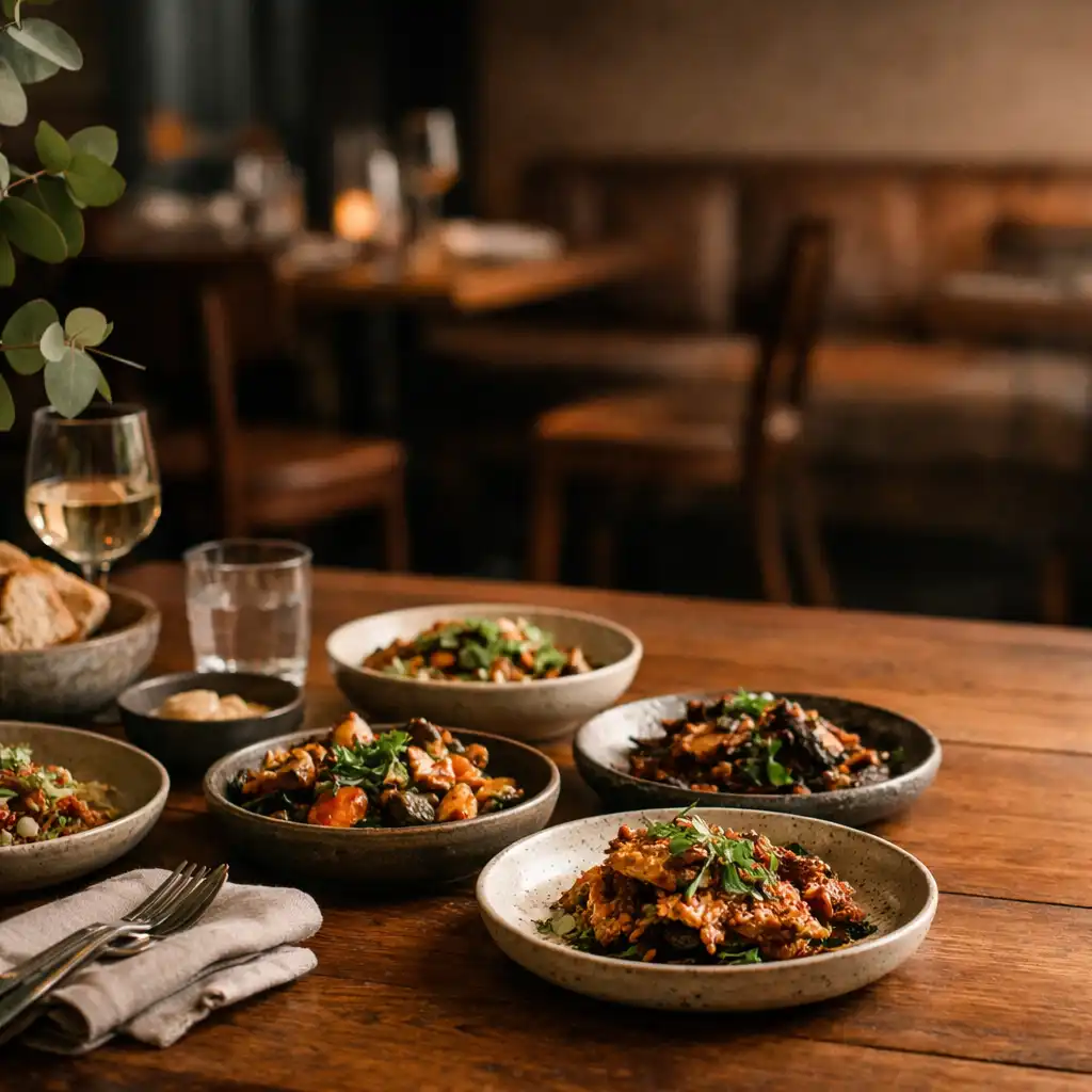 Seasonal shared plates on a warm timber restaurant table