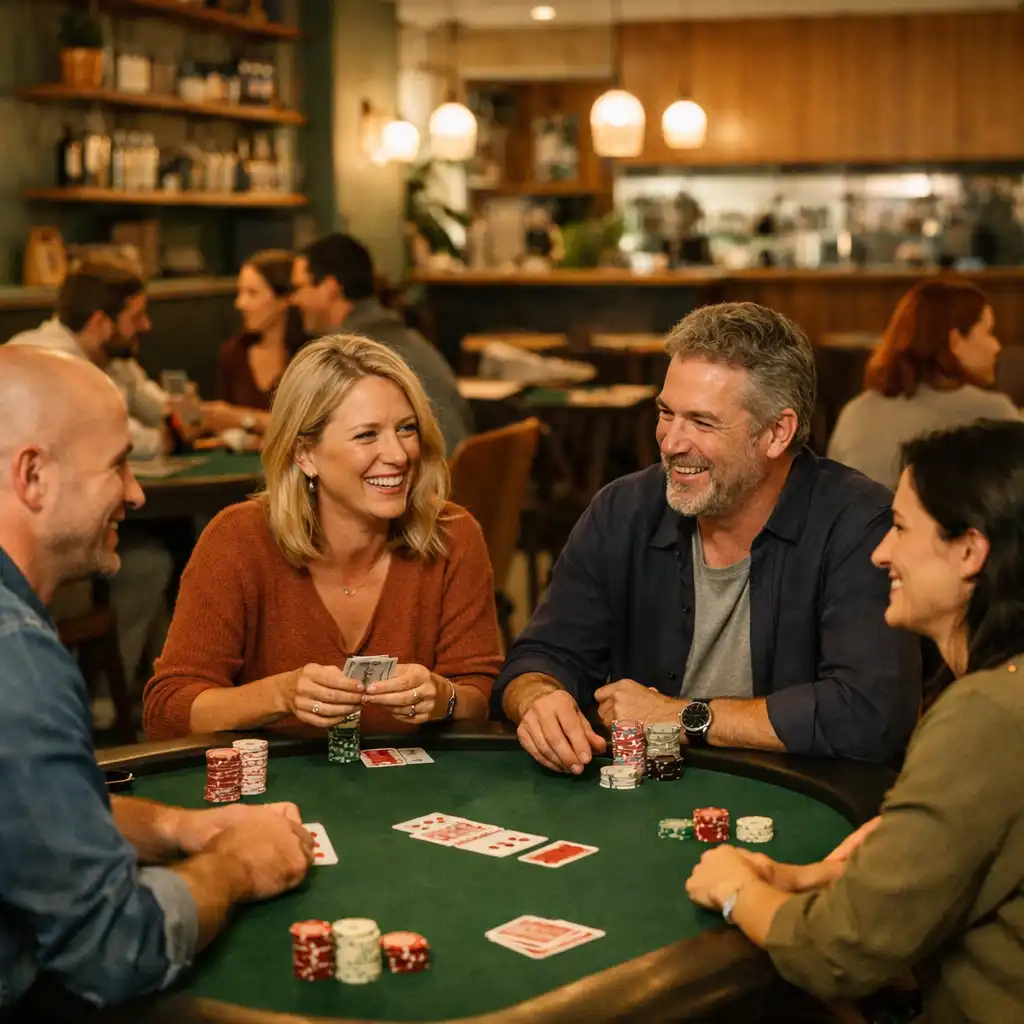 Guests gathered around real poker tables with cards and chips in the card lounge.