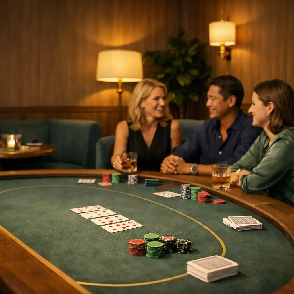 Guests in conversation around a real felt-and-timber poker table with cards and chips.