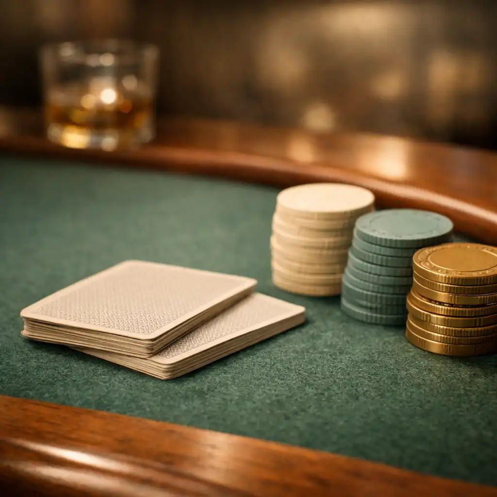 Face-down cards and orderly chips on a textured green felt poker table.
