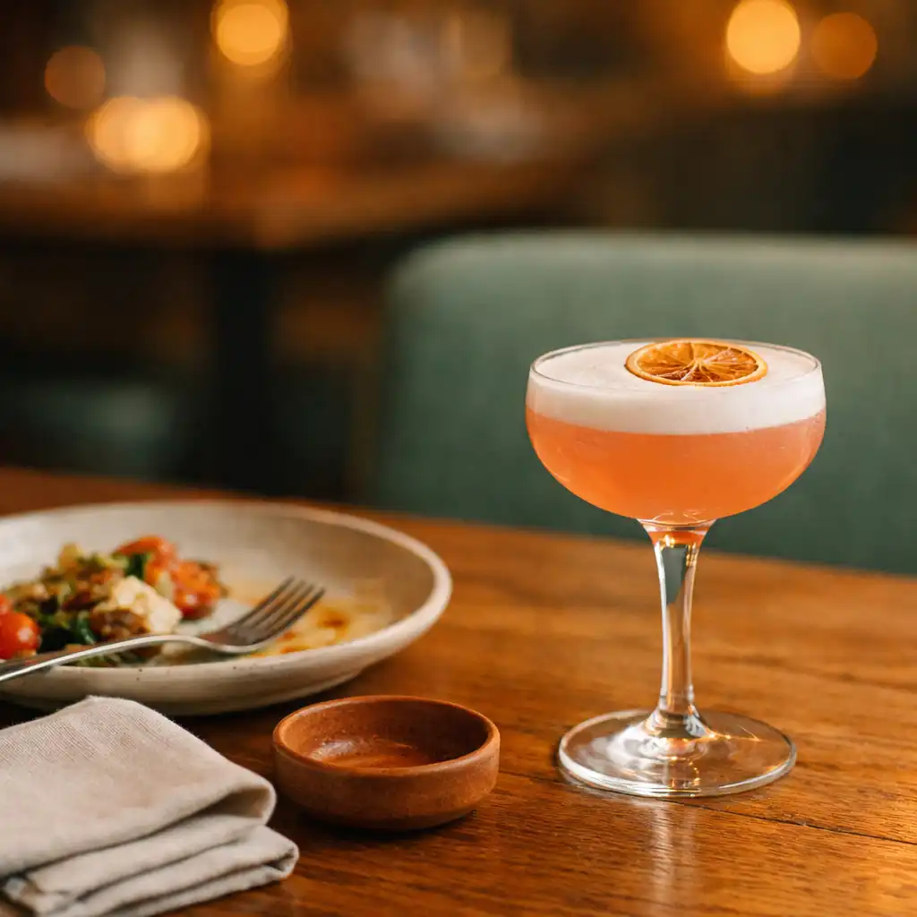 Cocktail beside a shared plate on a timber restaurant table.