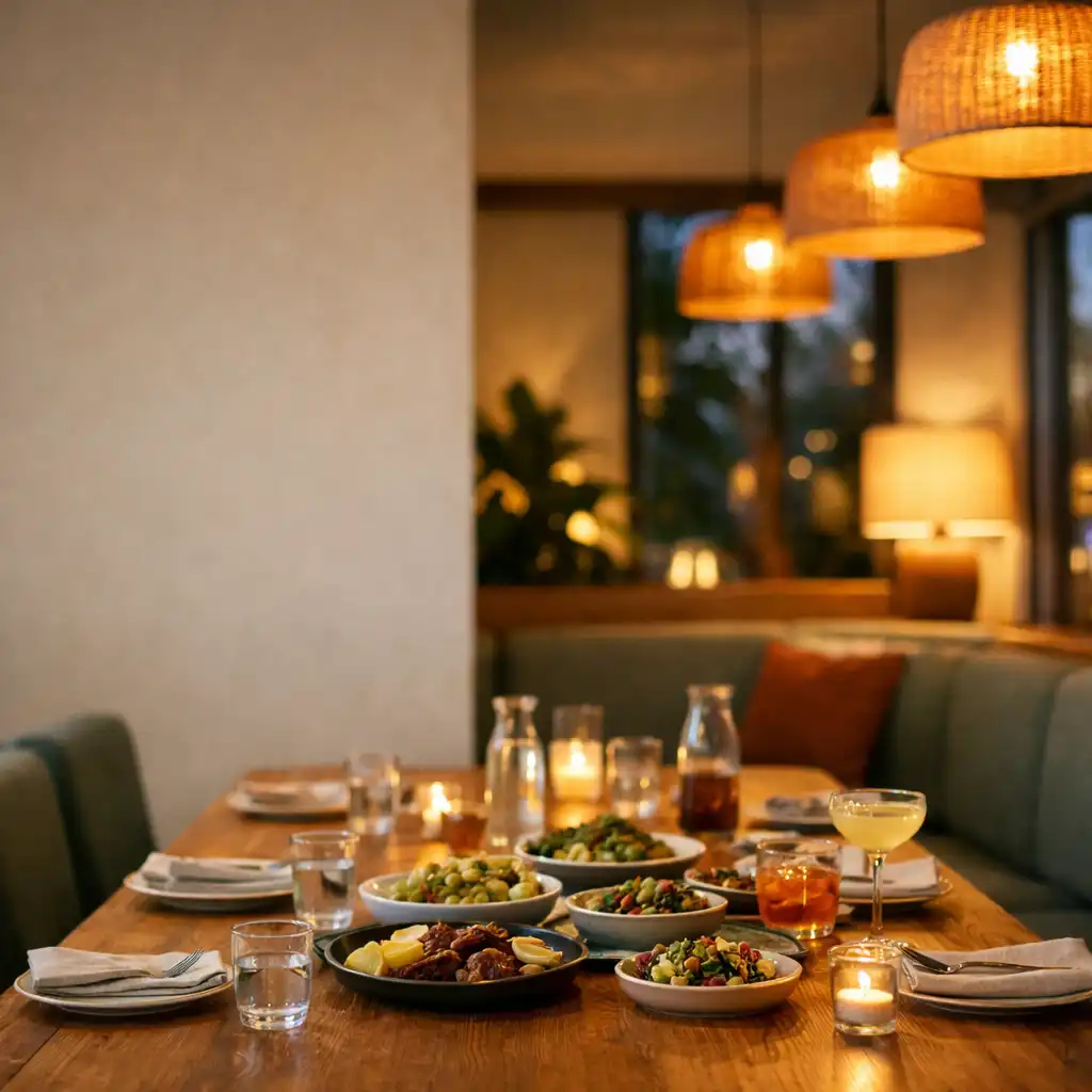 Warmly lit dining room with a timber table set for shared food and drinks.