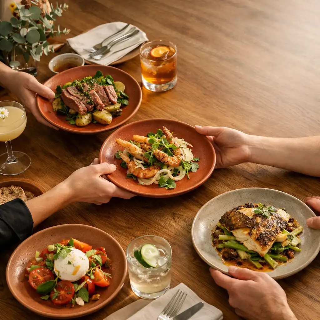 Shared plates, cocktails and hands gathered around a warm timber restaurant table.