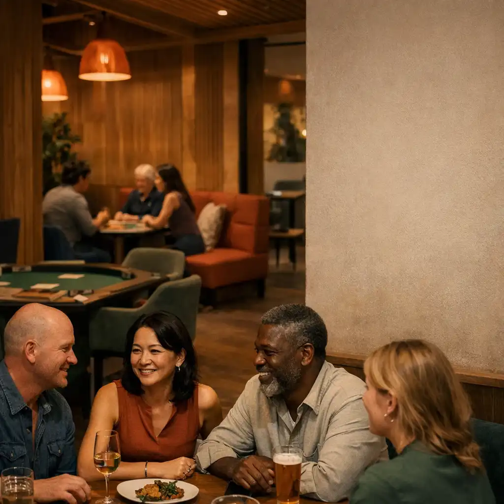 Relaxed group sharing food and drinks in a warm restaurant and card-lounge setting.
