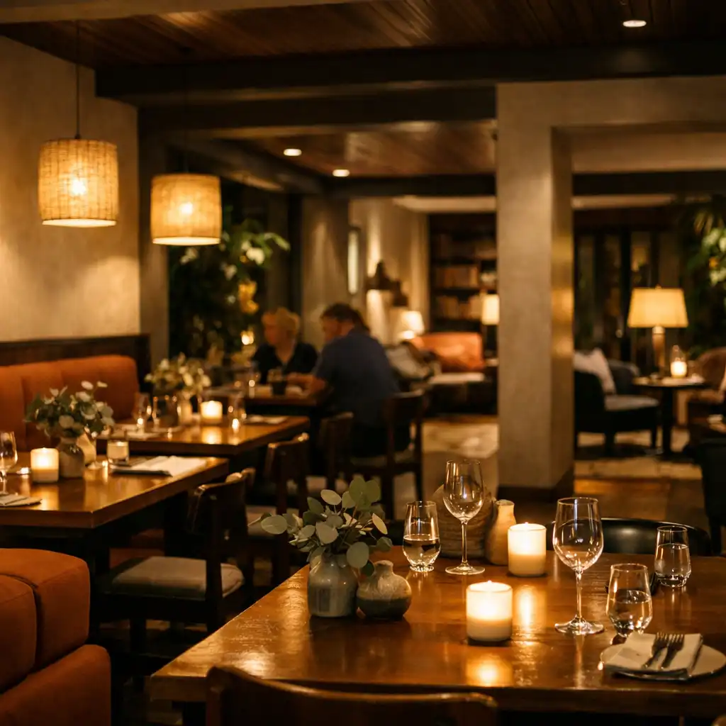 Broad restaurant interior with layered warm lighting, timber tables and a quiet card-lounge corner.