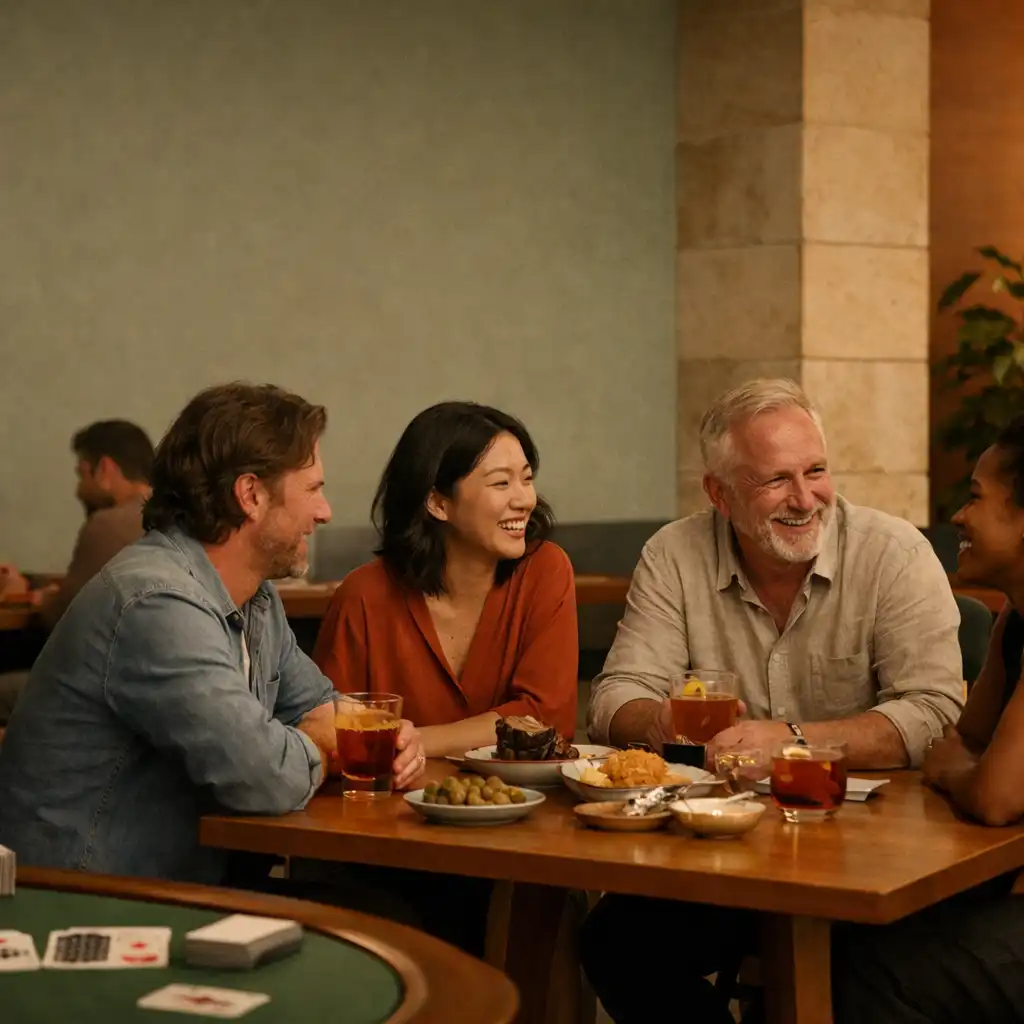 Friends sharing plates and conversation at a timber table beside cards in the card lounge.