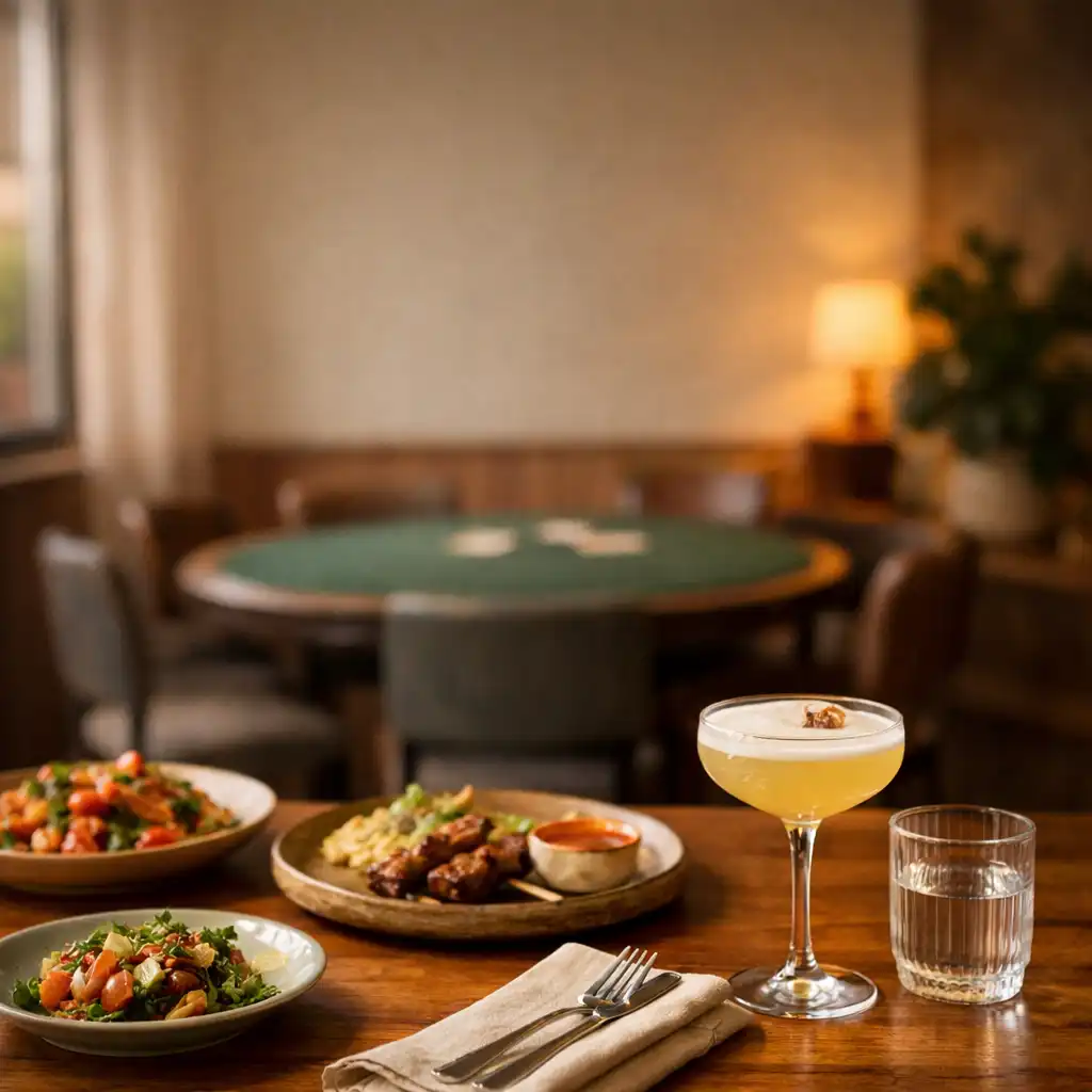 Shared plates and a cocktail on a timber restaurant table, with a softly visible card table beyond.