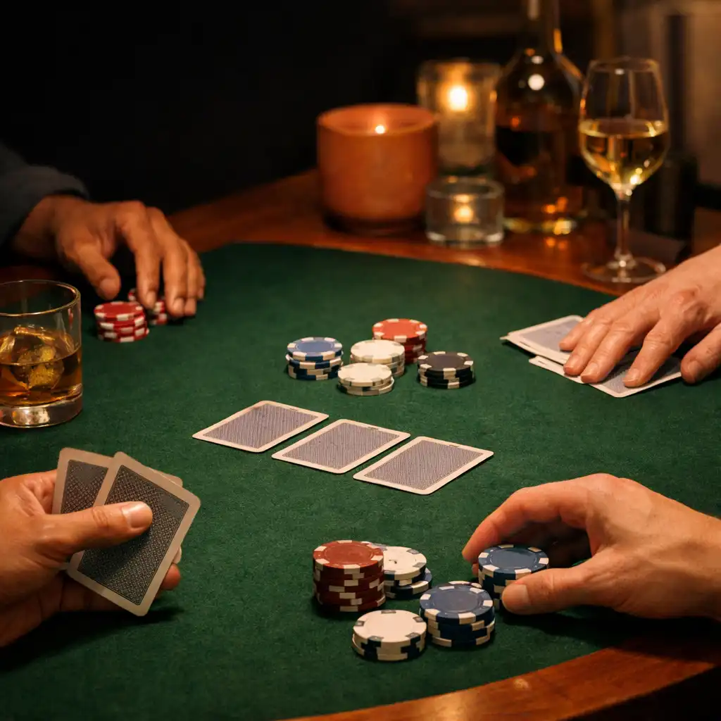 Hands arranging cards and simple chips around a green felt poker table.