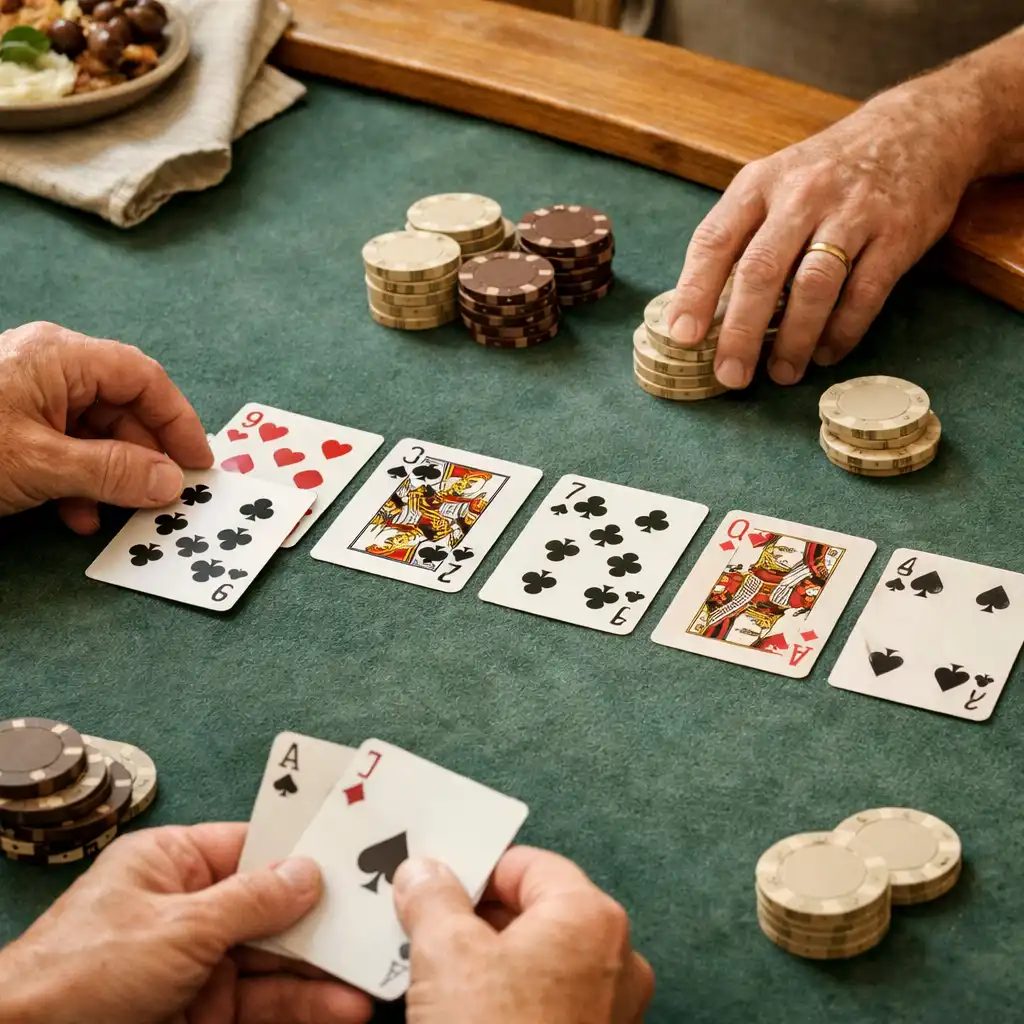 Hands arranging physical cards and chips on a deep eucalyptus felt poker table.