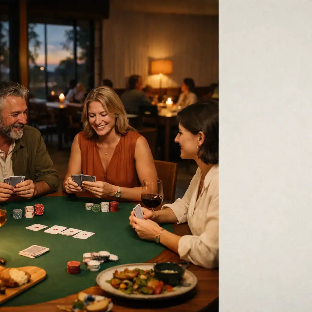 Guests gathered around a green felt poker table with cards, chips and shared dining details