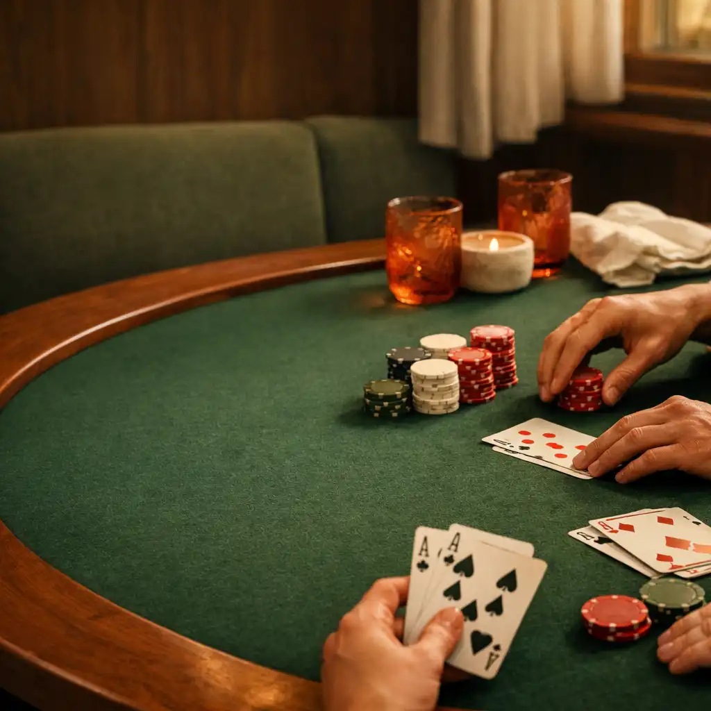 Hands arranging cards and chips on a real poker table in a warm card-lounge setting