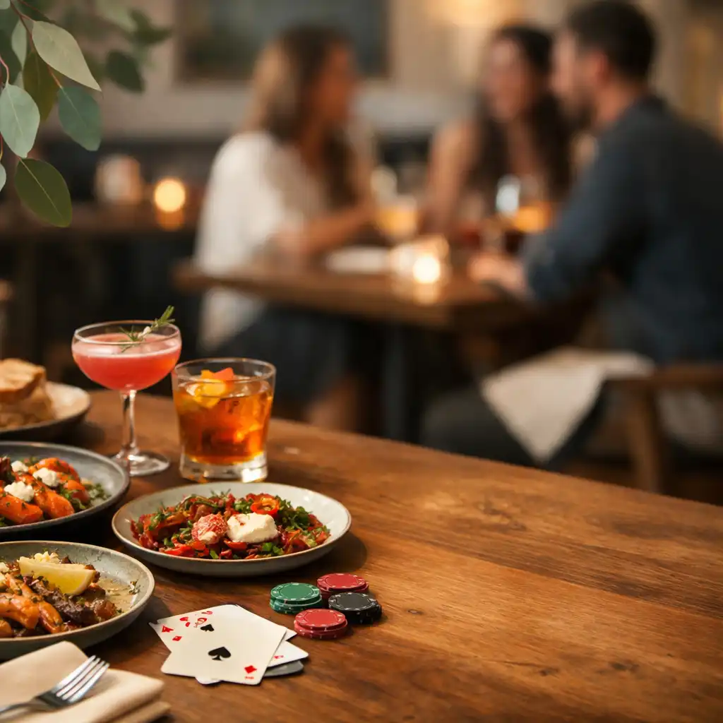 Seasonal shared plates, cocktails, cards and chips gathered on a timber restaurant table