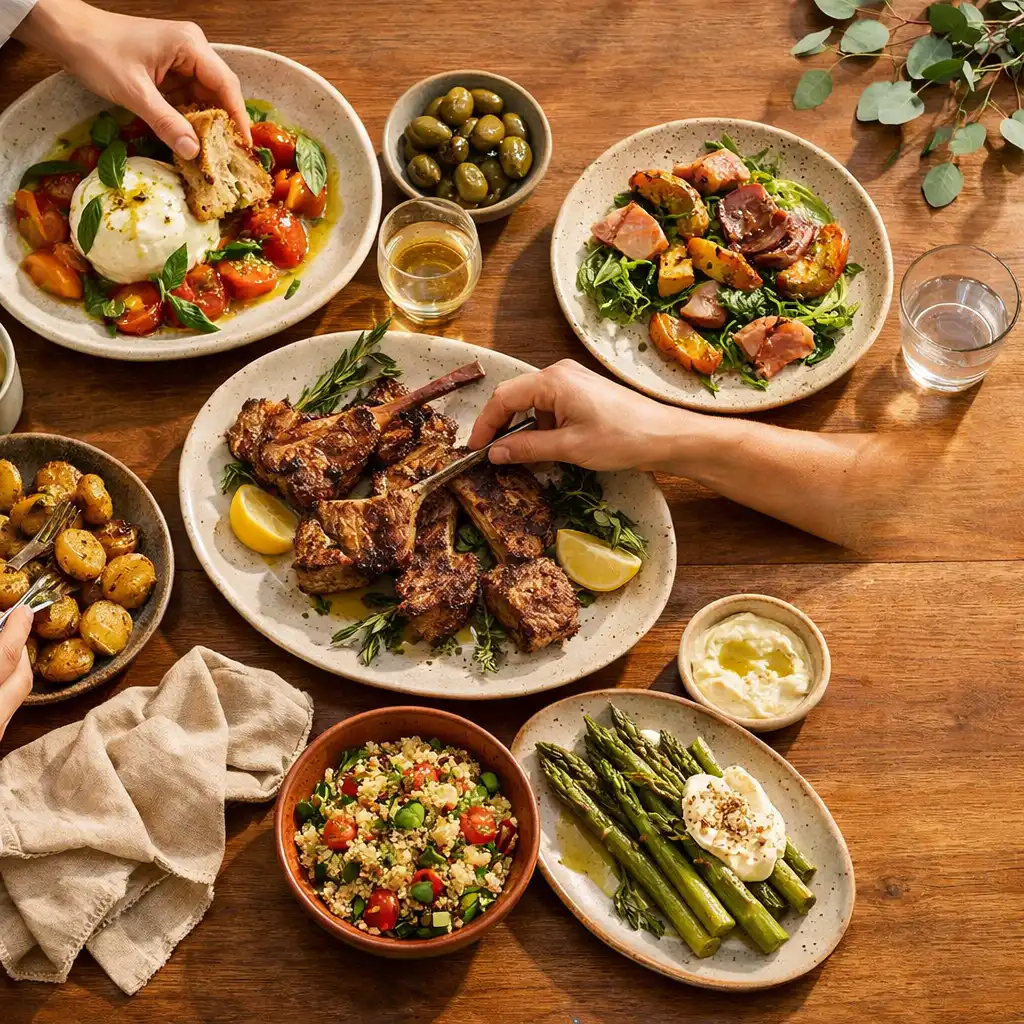 Seasonal shared plates arranged across a warm timber dining table.