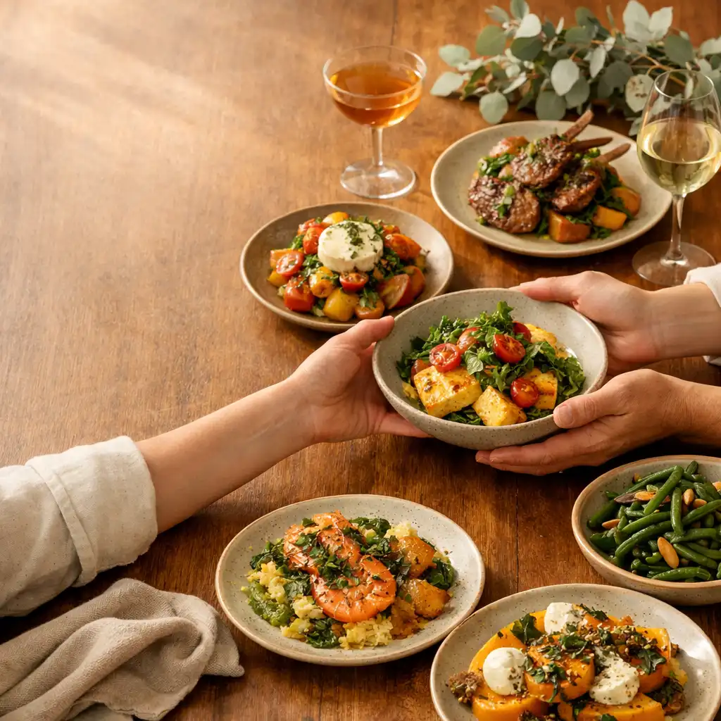 Shared seasonal plates on a warm timber table with hands passing a dish