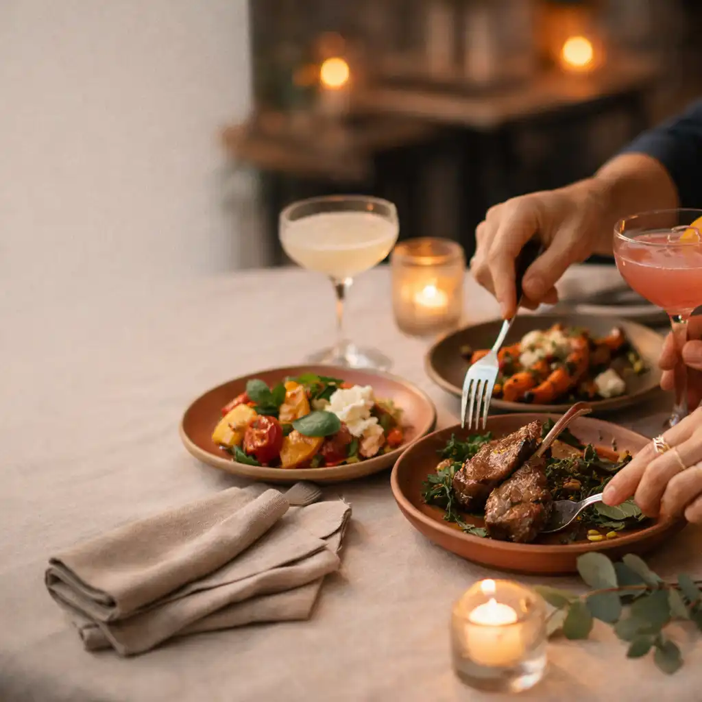 Hands reaching for shared plates at a softly lit special-occasion table